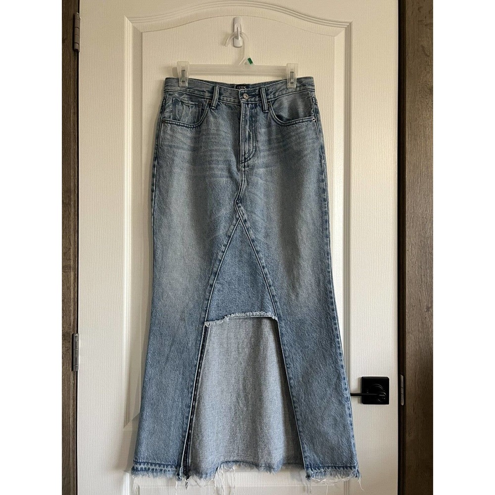 PRPS Women's 26 Blue Denim Distressed Raw Hem Midi A-Linen Jean Skirt NWOT